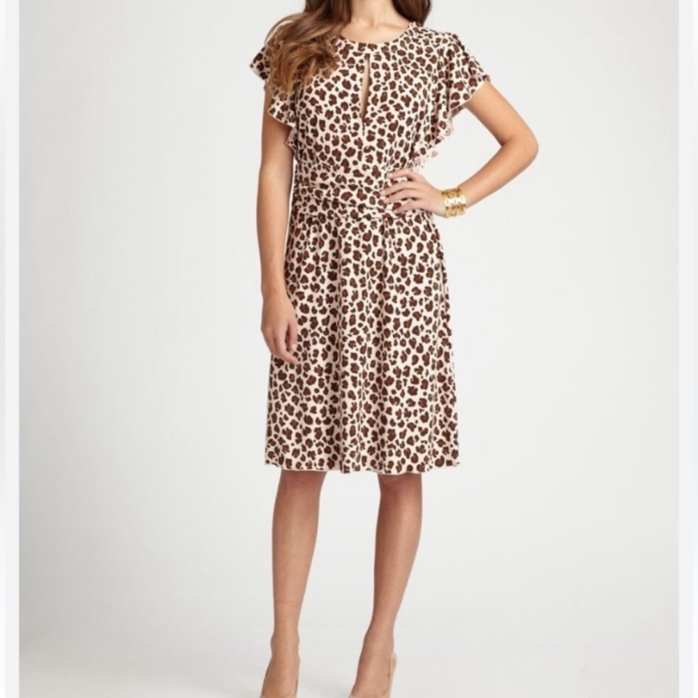 Tory Burch animal print dress with a defined waist and flutter sleeves. Size S